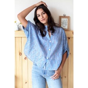 Emerson Fry One Size Mandarin Collar Florence Mist Block Print Top Blue Cotton